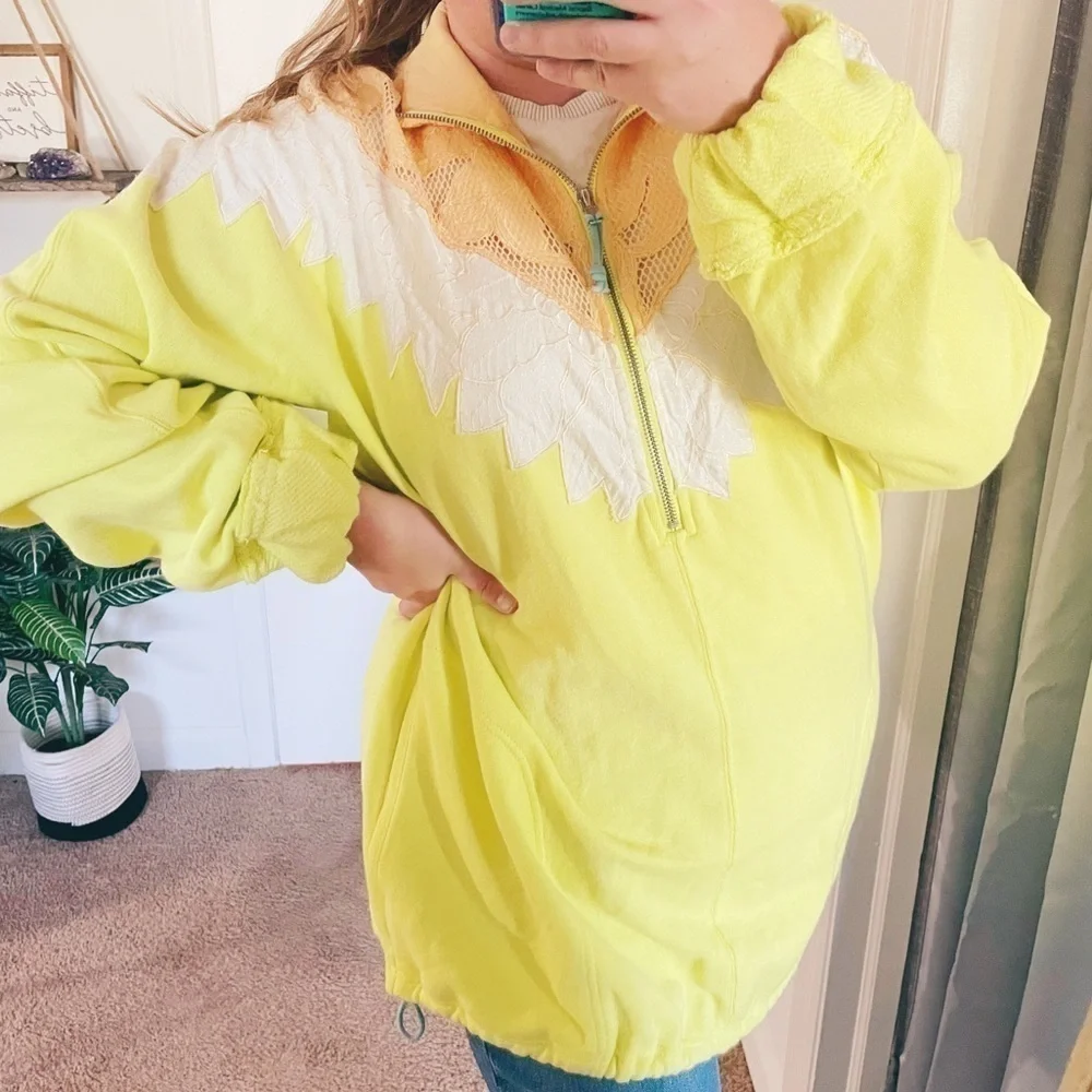 FREE PEOPLE ‘Isla’ Crochet Quarter Zip Pullover Yellow Green Size S - Picture 5 of 14